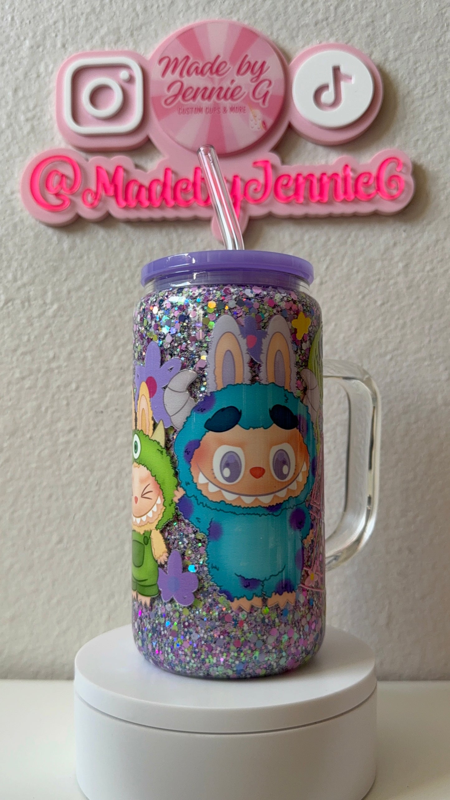 16oz Monster Labubu Glass Snow Globe Cup with Handle