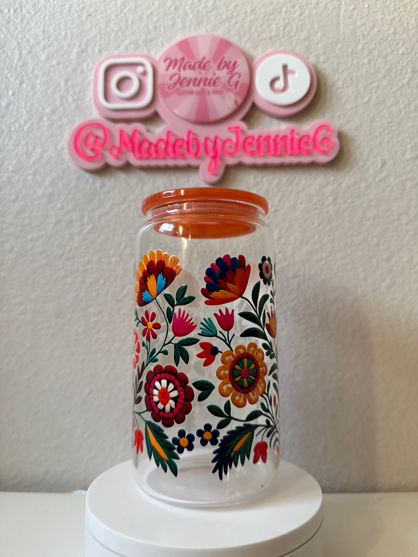16oz Floral Glass Cup
